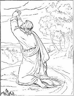 Coloring page of Jesus praying with arms raised to sky