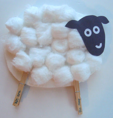 Sheep craft made of cottonballs, paper, and clothespins