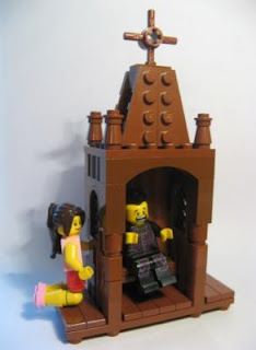 Lego girl at confessional with Lego priest with shocked expression