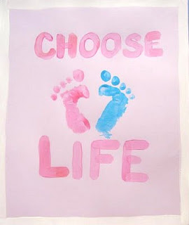 "Choose Life" poster with blue and pink footprint