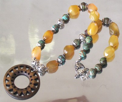 Agate and natural turqoise stones, sterling silver beads & clasp, wood pendant - $75