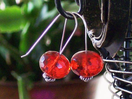 Chunky orange-red faceted quartz beads hang on sterling silver ear hooks - $19