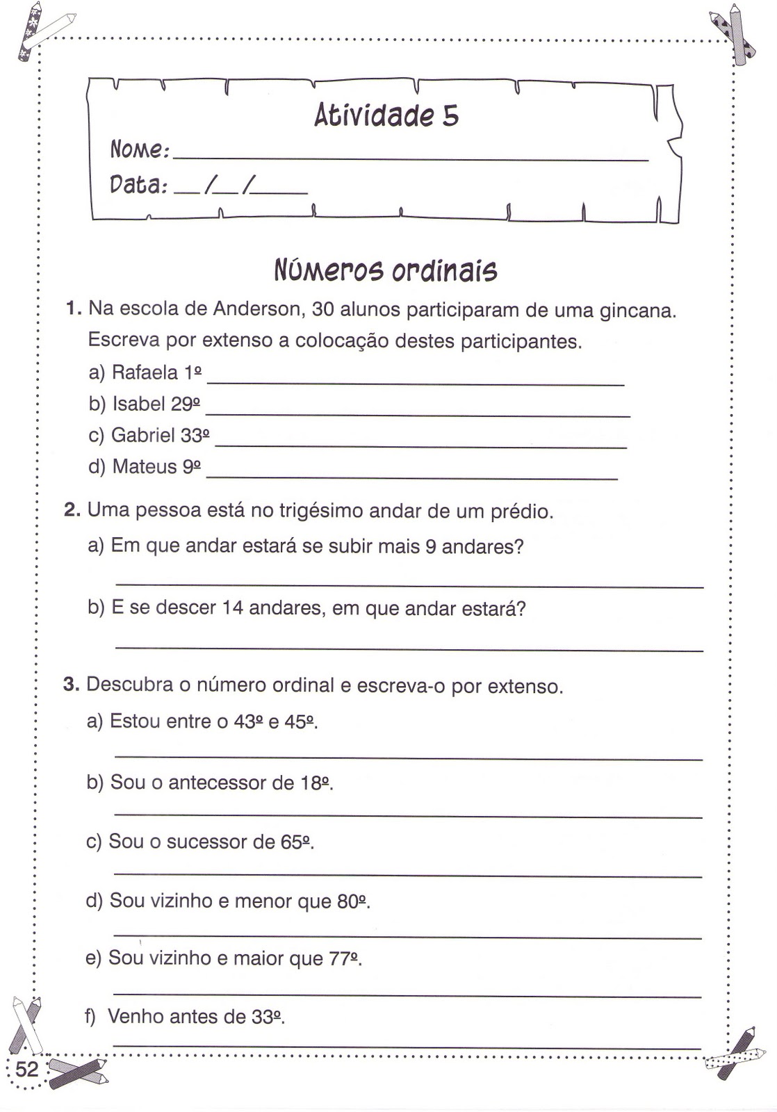 Atividades De Matematica 5 Ano Numeros Ordinais
