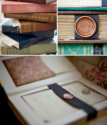 vintage books as wedding invitations The pocket on the left hand side is a 