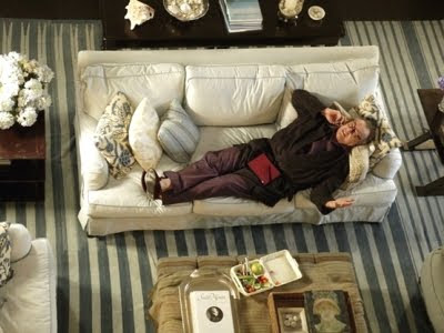 Something's Gotta Give living room blue and white striped rug