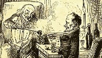 Scrooge discussing affairs with Bob Cratchit over a bowl of smoking bishop wood engraving by John Leech