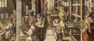 an early book-printing shop circa 1590 color illustration