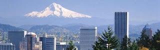 Portland, Oregon skyline with Mount Hood in the background color photograph