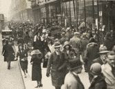 black and white photograph of London shoppers circa 1930