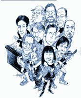 The Rock Bottom Remainders band characature black and white drawing