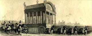 A black and white drawing of an artist's reconstruction of Alexander's funeral procession.