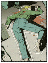 A color photo of a sample panel from 'Scene of the Crime' written by Ed Brubaker, art by Michael Lark.