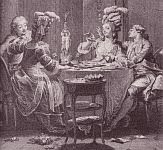 color photo of a monochrome engraving print of Regency era dining