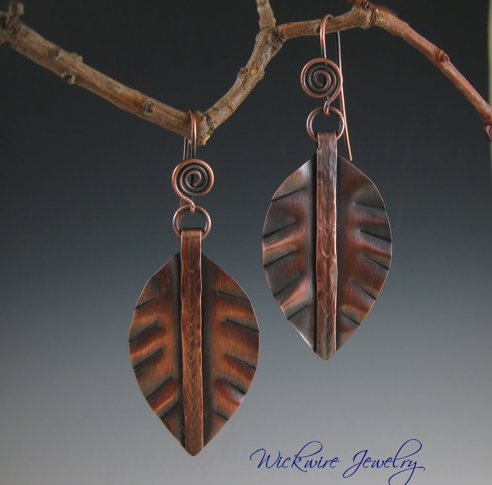 Wickwire Jewelry Fold Formed Copper Leaf Earrings