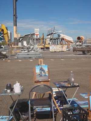 plein air oil painting of the demolition of the Cruise Ship Terminal at the East Darling Harbour Wharves by industrial heritage artist Jane Bennett