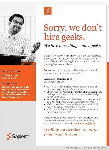 Openings for Experienced Java/J2EE professionals in Sapient at Gurgaon