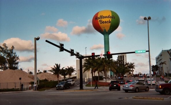 Hallandale Beach's iconic beachball-colored Water Tower, between beach and A1A/South Ocean Drive