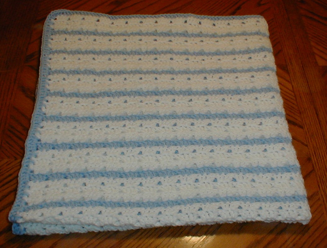 Karens Crocheted Garden of Colors White with Blue Stripes Baby Blanket