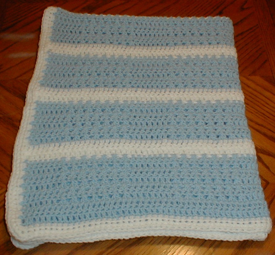 Karens Crocheted Garden of Colors Blue and White X Box Stitch Baby Blanket