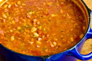 Navy Bean and Refried Bean Stew with Ham, Leeks, and Tomatoes found on KalynsKitchen.com Navy Bean and Refried Bean Stew with Ham, Leeks, and Tomatoes found on KalynsKitchen.com