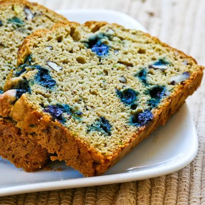 Low-Sugar and Whole Wheat Zucchini Bread Recipe with Blueberries and Pecans found on KalynsKitchen.com