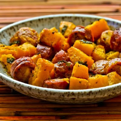 Recipe for Roasted Winter Squash and Sausage with Herbs found on KalynsKitchen.com