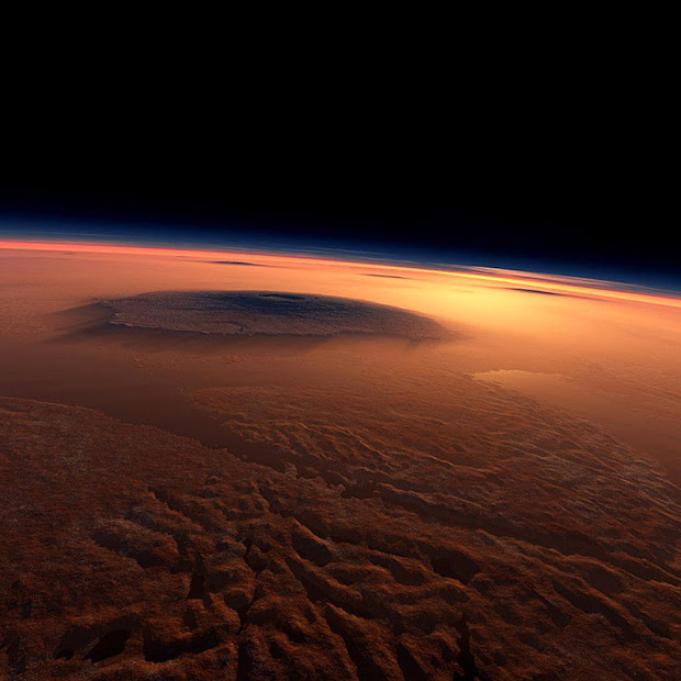 The Martian volcano Olympus Mons seen from the Lycus Sulci