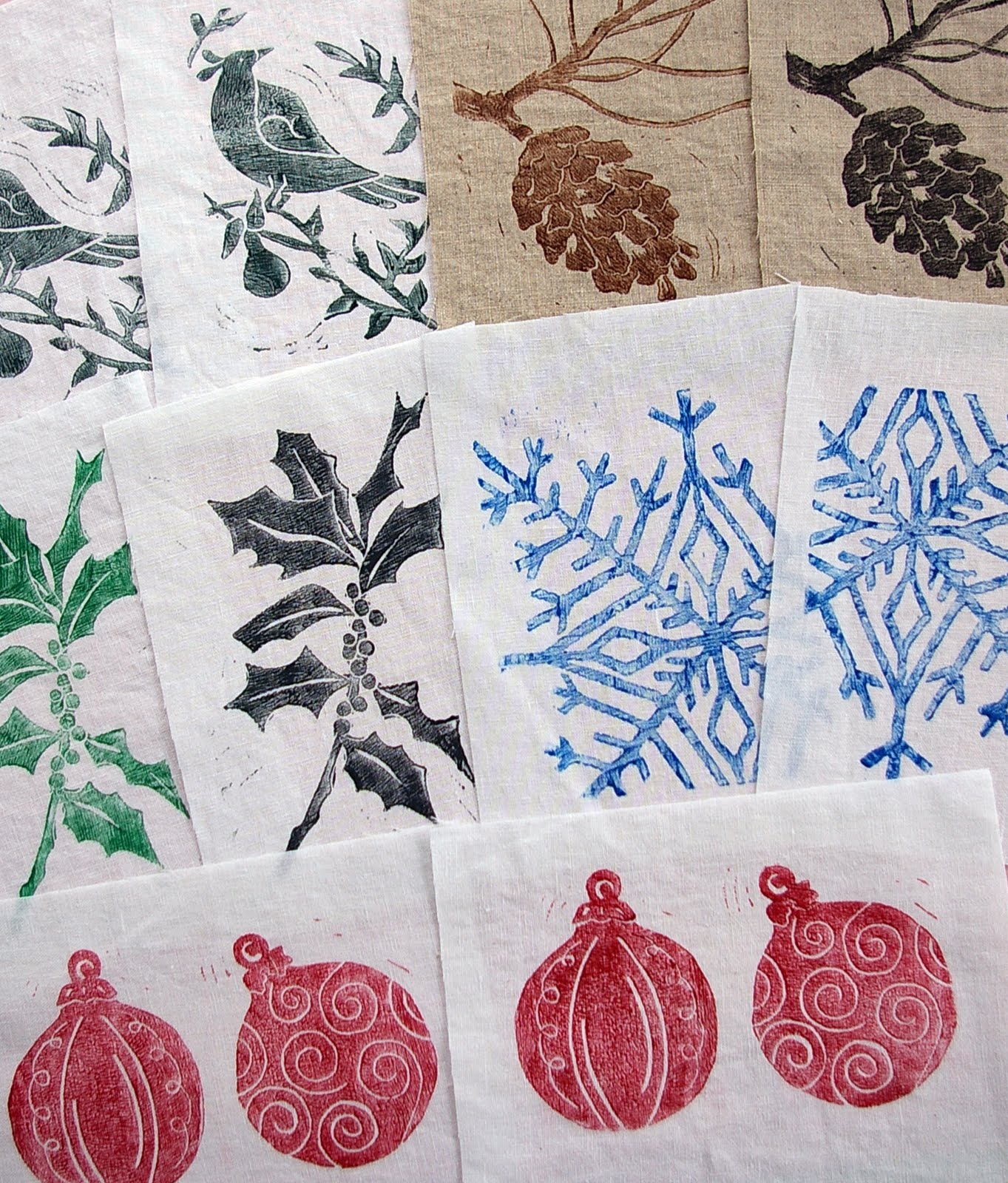 christmas linocuts on fabric this time during quiet time