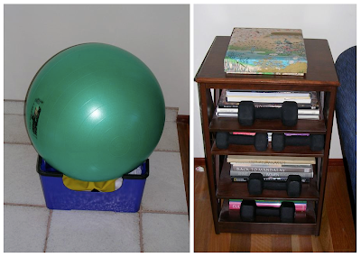 exercise equipment: ball in upside-down step; weights on bookshelf