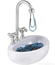 Drip Clips - blue paper clips in white sink-shaped holder