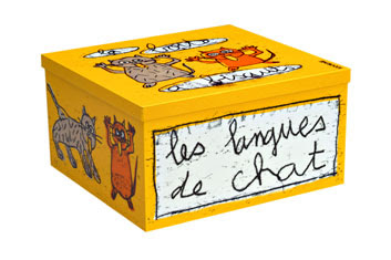 yellow French storage tin with pictures of cats and words les langues des chats