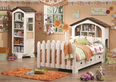 child's captain's bed with bookcase headboard in room with other furnishing, including a swivel bookcase