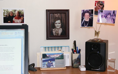 deskm with pictures of Aunt Kay
