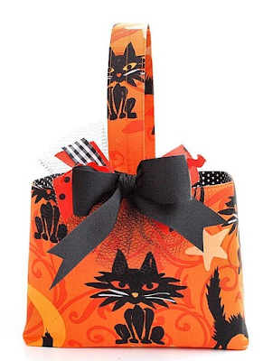 Halloween basket, fabric - orange with black cat
