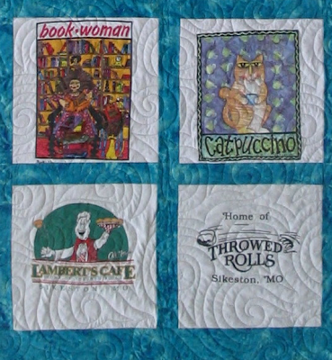 partial t-shirt quilt - four blocks, showing detail