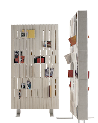 room divider, felt-covered, with straps to hold papers, magazines, etc.