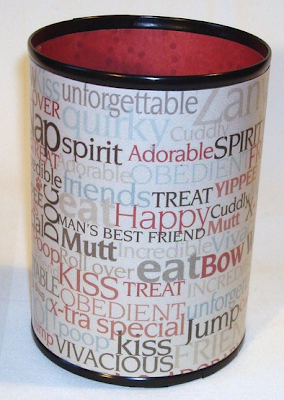 pencil can with words such as obedient,kiss, mutt, and man's best friend