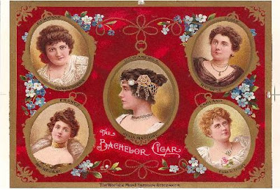 This proof print of the Bachelor Cigars label honors five famous actresses of the late 19th century: America's Julia Marlowe (center), surrounded by, clockwise from top left — Germany's Agnes Sorma, Italy's Eleonora Duse, England's Ellen Terry, and France's Gabrielle Rejane