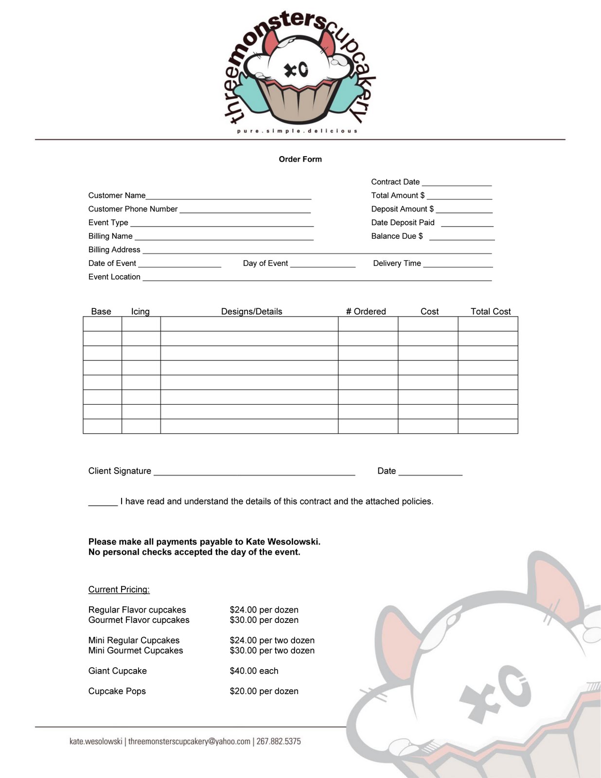 Three Monsters Cupcakery Order Form And General Information About Three Monsters
