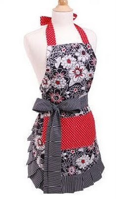 Black/white striped trim; with a flower pattern - has red colored pockets and a striped bow