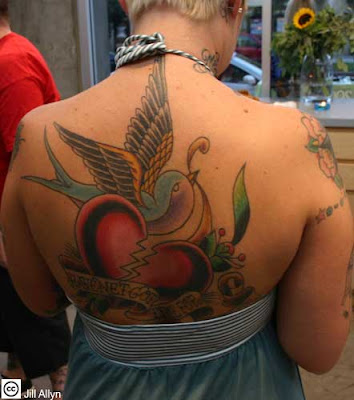 Bird and Heart Tattoo Design on Female Back