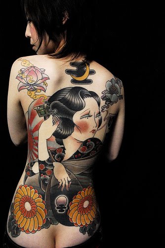 Japanese Geisha Tattoo Design on Girls Back Body