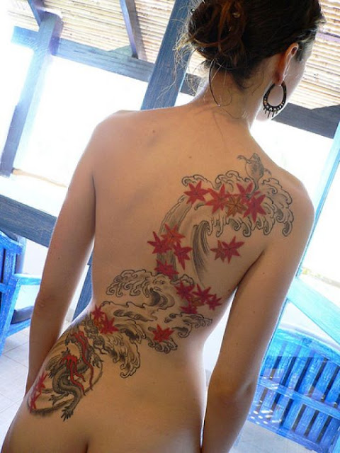 Stars and Dragon Tattoo Design on Sexy Girls Back Body