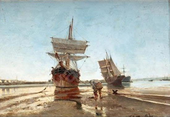 Barcas varadas secando velas Barcas varadas secando velas, Juan Martínez Abades, Pintor español, Paisajes de Juan Martínez Abades, Pintor Martínez Abades, Pintores españoles, Pintores Asturianos, Martínez Abades