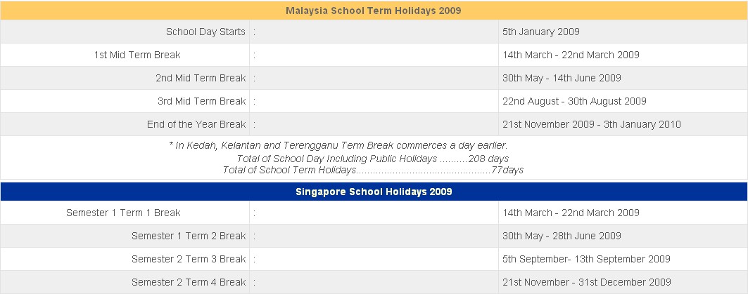School Holiday in Malaysia and Singapore