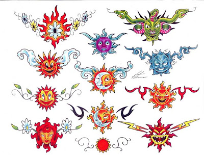 Desenhos para tattoos de sol com serpentes, lua, raios, flores, margaridas e 
