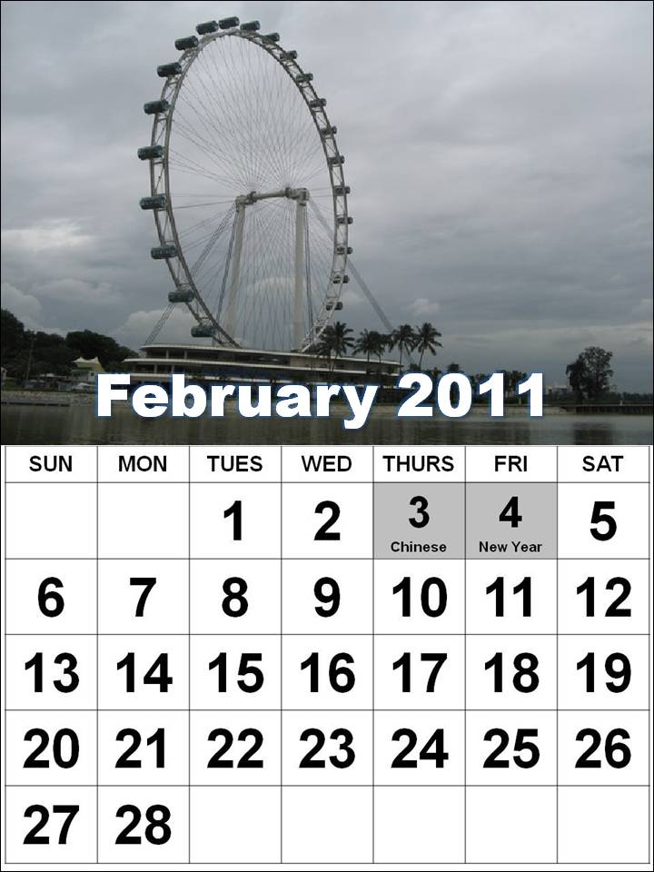 Free Printable Singapore 2011 February Calendar with Holidays (PH)