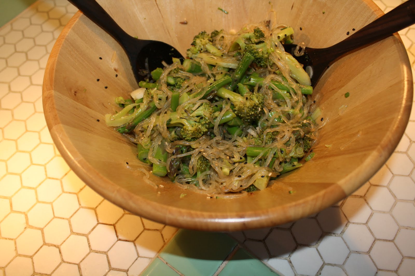 Turquoise Tile Kitchen Broccoli Asparagus stirfry with Kelp Noodles