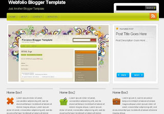 Free Blogger Template - Webfolio - magazine style, portfolio blog, white, black with blue and green, social bookmarking, 3 column footer, navigation menu, search box