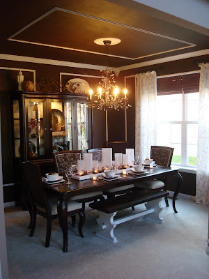 chocolate brown dining room with white accents